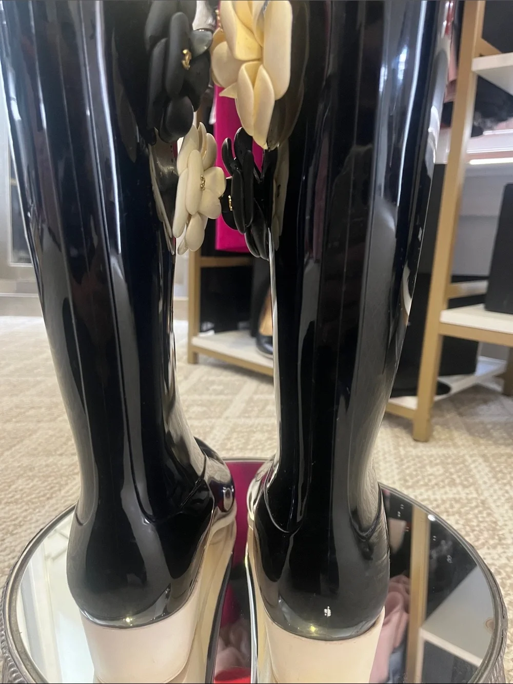 Authentic CHANEL Black Patent Rain Boots with Black and Cream Camellia